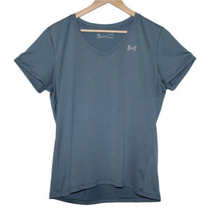 Women's Under Armour UA Heatgear Tech Ticker V-Neck Blue Gray Shirt Sz L 1321258